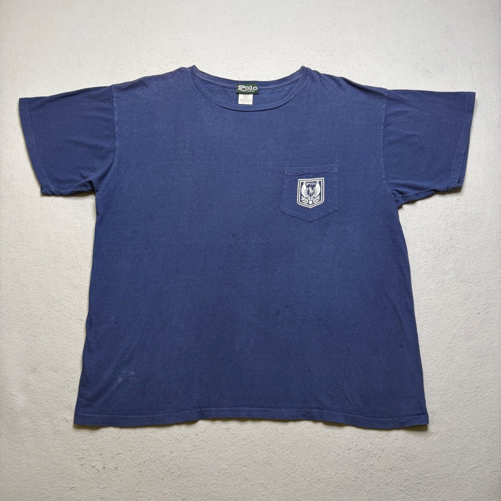 Polo Ralph Lauren Pocket T-Shirt Mens OSFA Blu Vintage 90s Distressed Crest Logo